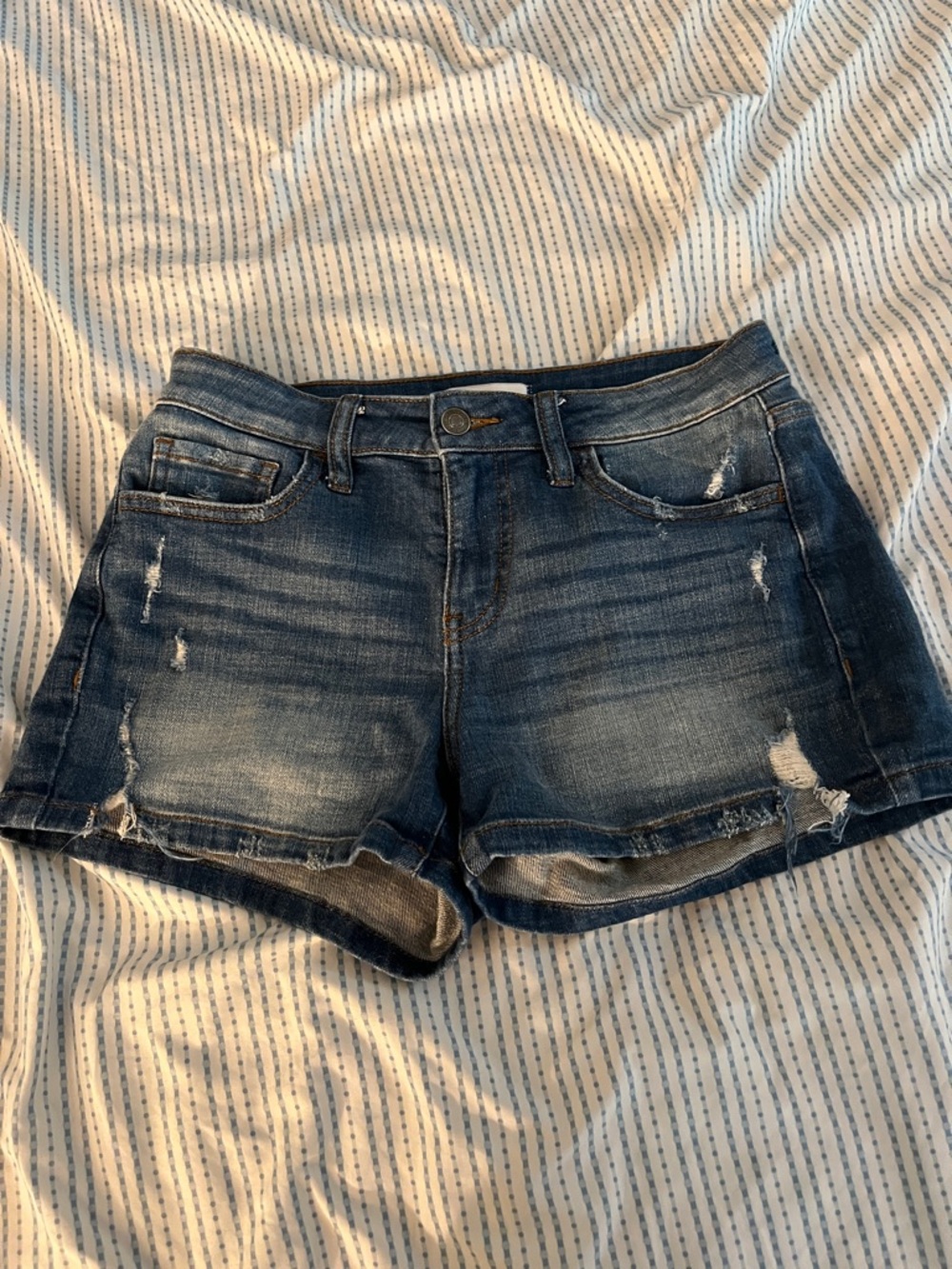 Studio Blue Distressed Dark Wash Denim Shorts - Blue